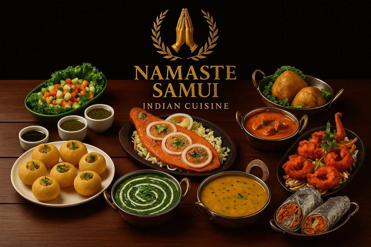 A generous Namaste Samui spread with curries, rice, tandoori dishes and naan